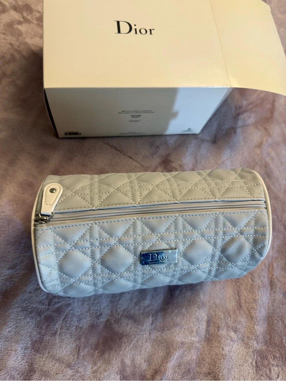 Dior Cream Quilted Cosmetic Pouch with Logo Plaque